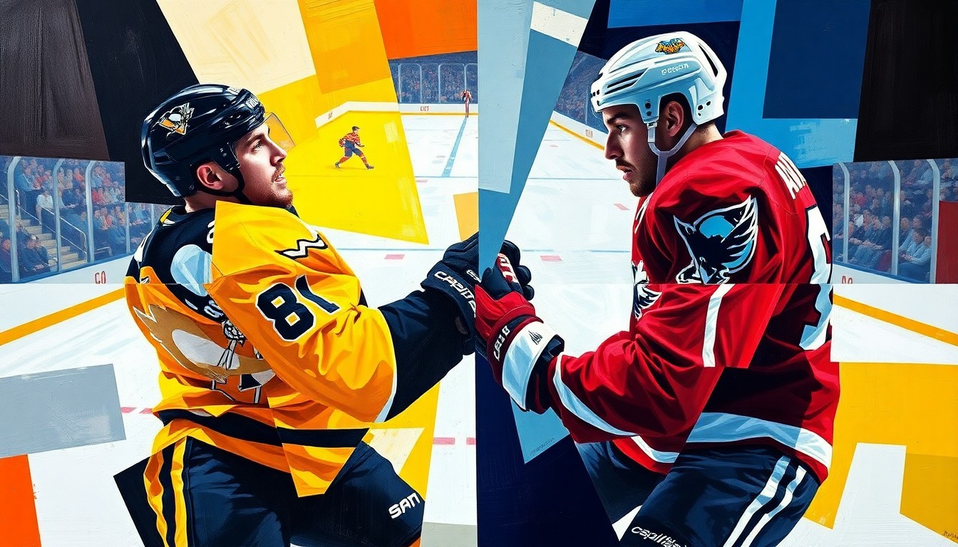 A fractured, multi-perspective painting depicting a hockey game, with the players