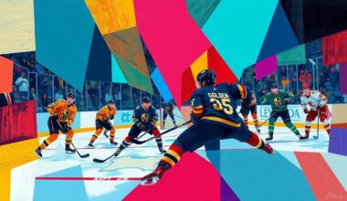 A fragmented, geometric painting in bold colors representing a hockey game, with sharp, overlapping shapes and planes that deconstruct the action on the ice.