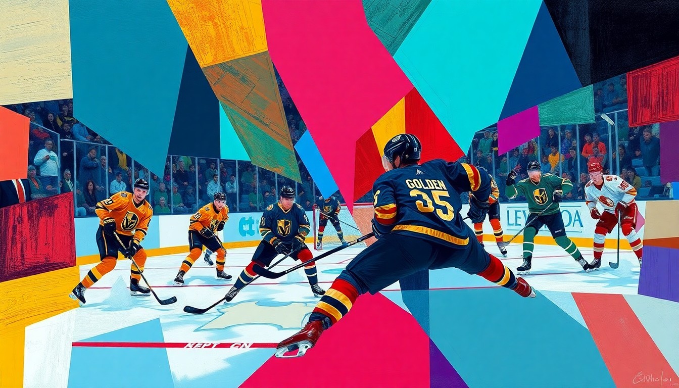 A fragmented, geometric painting in bold colors representing a hockey game, with sharp, overlapping shapes and planes that deconstruct the action on the ice.