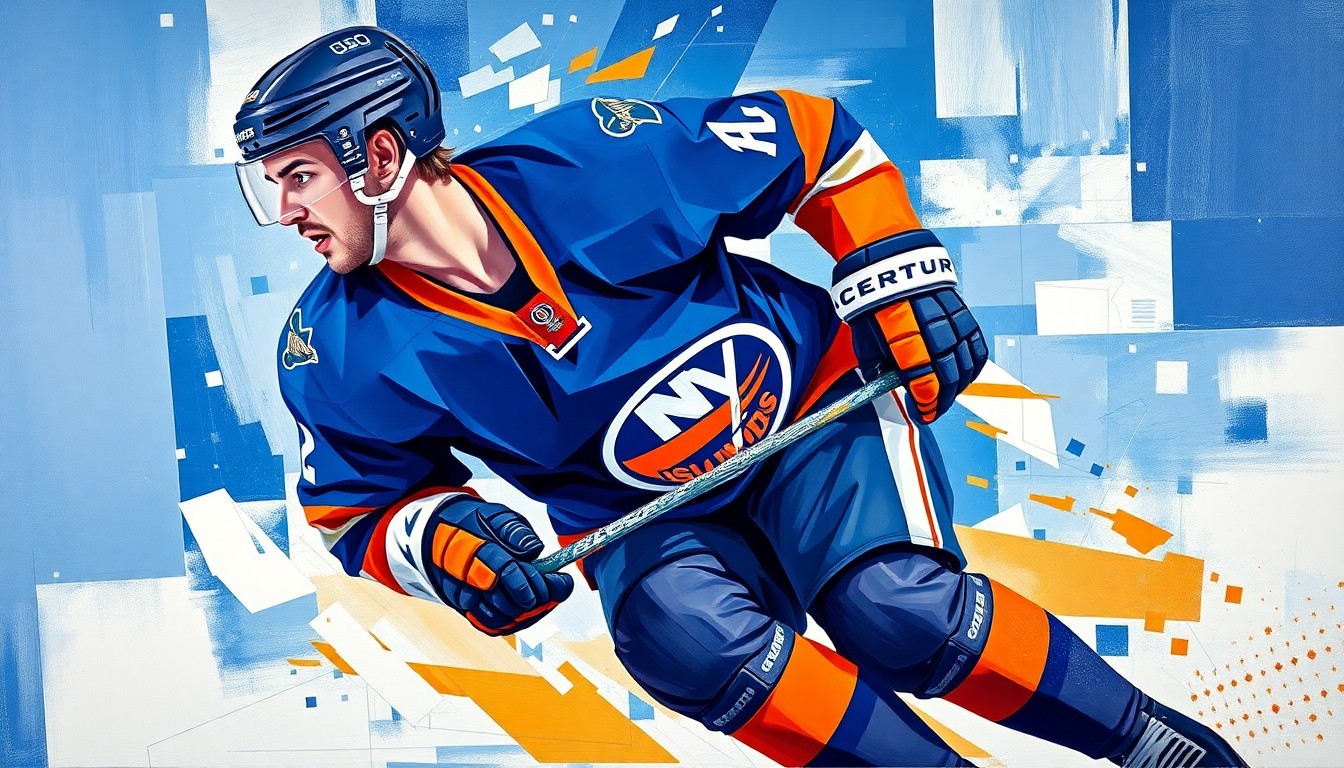 A cubist, geometric painting depicting a hockey player in motion, with sharp, overlapping planes of blue and orange representing the Islanders