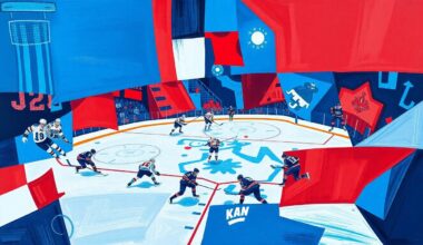 A cubist, geometric painting depicting a hockey game, with sharp, overlapping planes of blue, red, and white colors representing the Kraken