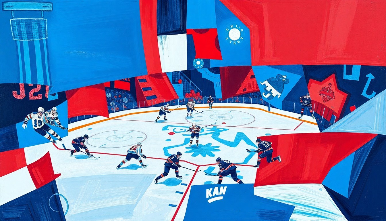 A cubist, geometric painting depicting a hockey game, with sharp, overlapping planes of blue, red, and white colors representing the Kraken