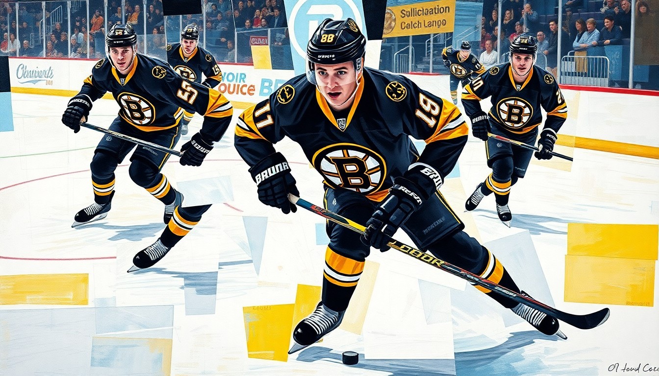 A cubist, geometric illustration depicting a hockey player