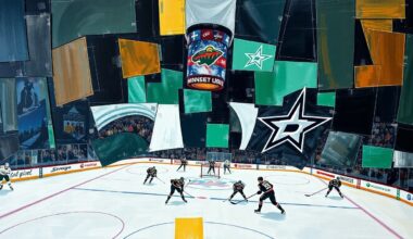 A cubist, geometric painting depicting a hockey game in progress, with the players and action broken down into sharp, overlapping shapes and planes of color, conveying the high-stakes, physical nature of the matchup between the Minnesota Wild and Dallas Stars.