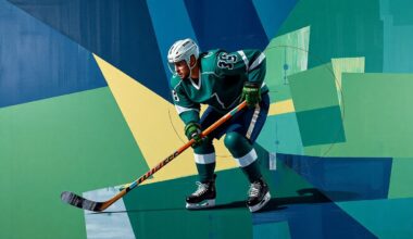 A cubist, geometric painting depicting a hockey player in motion, with their body broken down into sharp, overlapping planes of navy, green, and silver, conveying the fragmented nature of the Avalanche