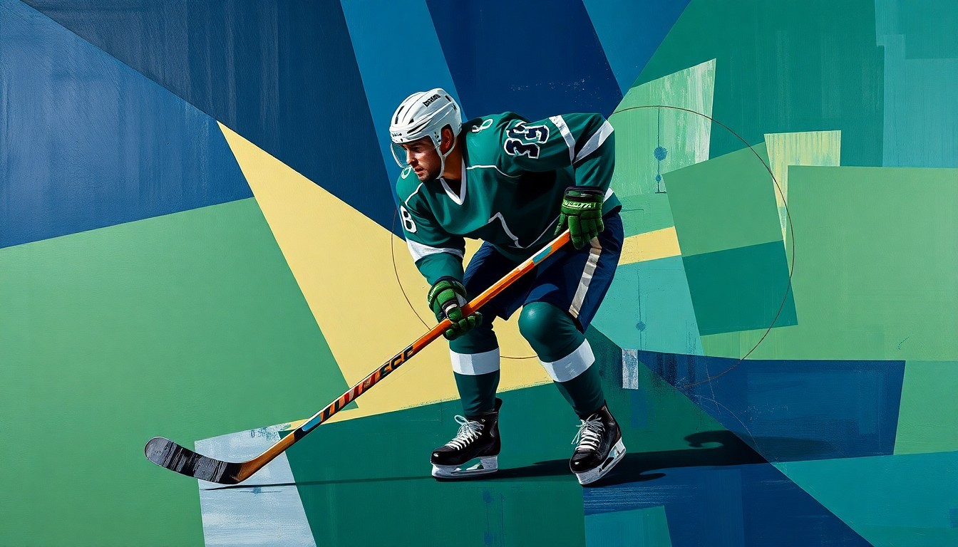 A cubist, geometric painting depicting a hockey player in motion, with their body broken down into sharp, overlapping planes of navy, green, and silver, conveying the fragmented nature of the Avalanche
