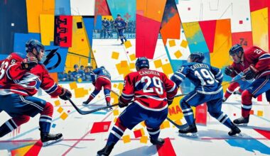 A cubist, geometric painting depicting a hockey game between the Montreal Canadiens and Tampa Bay Lightning, with sharp, overlapping planes of vibrant team colors colliding to capture the intensity and unpredictability of the matchup.