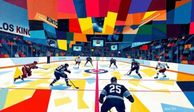 A cubist, geometric painting depicting a hockey game between the Los Angeles Kings and Vancouver Canucks, with the players and action on the ice broken down into sharp, overlapping shapes and planes of color.