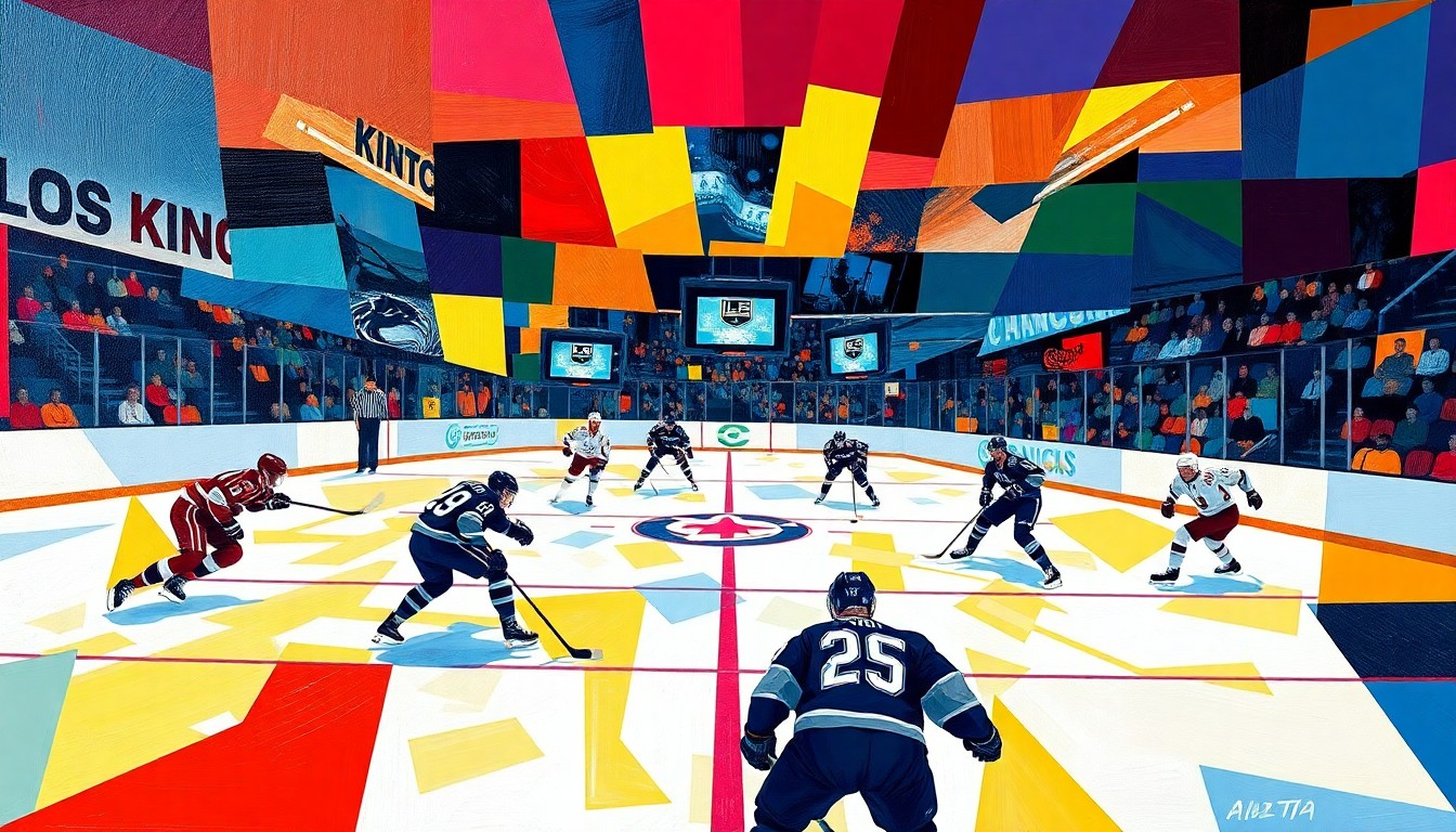 A cubist, geometric painting depicting a hockey game between the Los Angeles Kings and Vancouver Canucks, with the players and action on the ice broken down into sharp, overlapping shapes and planes of color.