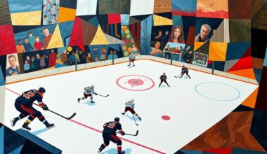 A fractured, multi-perspective painting depicting a hockey game, with the players and ice reduced to abstract shapes and planes of color in the style of Pablo Picasso.