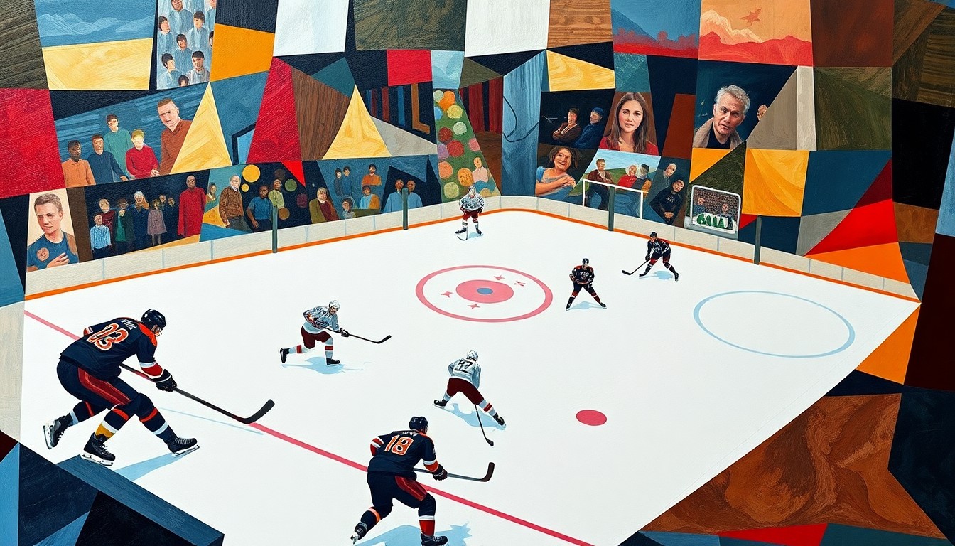 A fractured, multi-perspective painting depicting a hockey game, with the players and ice reduced to abstract shapes and planes of color in the style of Pablo Picasso.