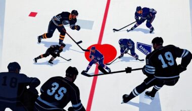 A cubist, geometric painting depicting the fragmented action of a hockey game, with sharp planes of blue, red, and white representing the players, puck, and ice.