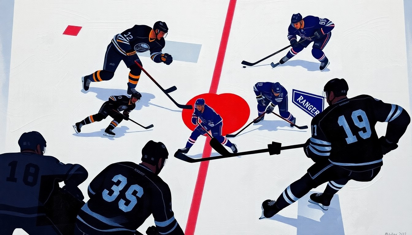 A cubist, geometric painting depicting the fragmented action of a hockey game, with sharp planes of blue, red, and white representing the players, puck, and ice.