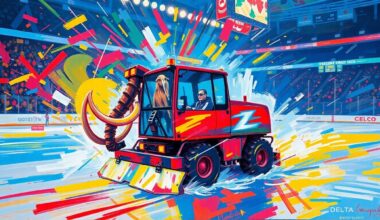 An extreme close-up of the geometric, neon-lit mammoth head of the Zammoth Zamboni, its towering tusks and glowing eyes conveying a sense of raw, prehistoric power and motion across the ice.