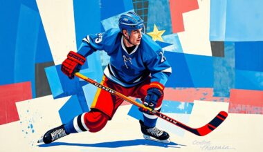 A fragmented, cubist-style painting depicting a hockey player in motion, with their body broken down into sharp, overlapping geometric shapes in a palette of blues, reds, and whites, conveying the uncertainty around the player