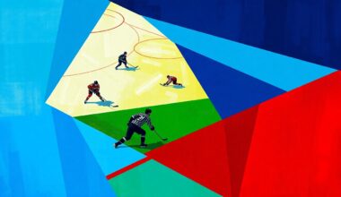 A fractured, multi-perspective painting in bold, geometric shapes and colors, depicting the dynamic action of a hockey game between the Winnipeg Jets and Seattle Kraken, with players and the puck represented through angular, intersecting forms.