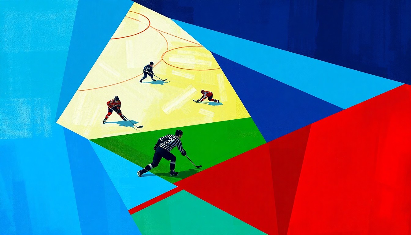 A fractured, multi-perspective painting in bold, geometric shapes and colors, depicting the dynamic action of a hockey game between the Winnipeg Jets and Seattle Kraken, with players and the puck represented through angular, intersecting forms.