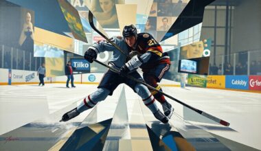 A fragmented, cubist-style painting depicting a hockey player being hit by another player, with sharp, overlapping geometric shapes representing the violence and intensity of the moment.