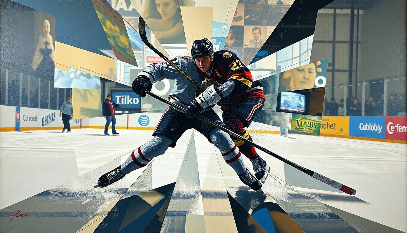 A fragmented, cubist-style painting depicting a hockey player being hit by another player, with sharp, overlapping geometric shapes representing the violence and intensity of the moment.