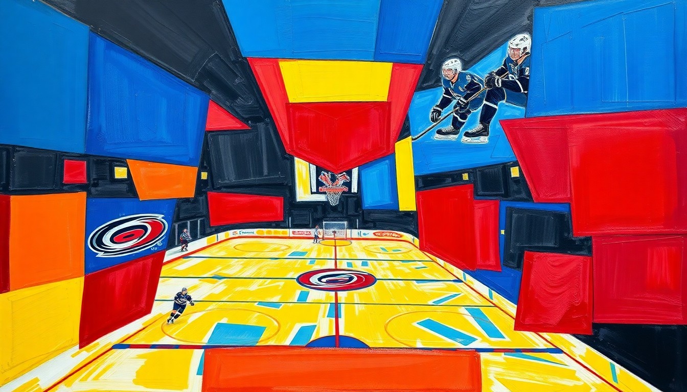 A cubist, geometric painting depicting a hockey game in motion, with sharp, overlapping planes of bright blue, red, and yellow representing the dynamic action on the ice.