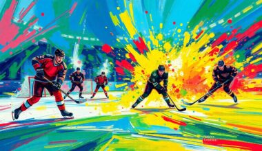 An abstract, expressionist painting in neon colors depicting the chaotic movement and energy of a hockey game, with players