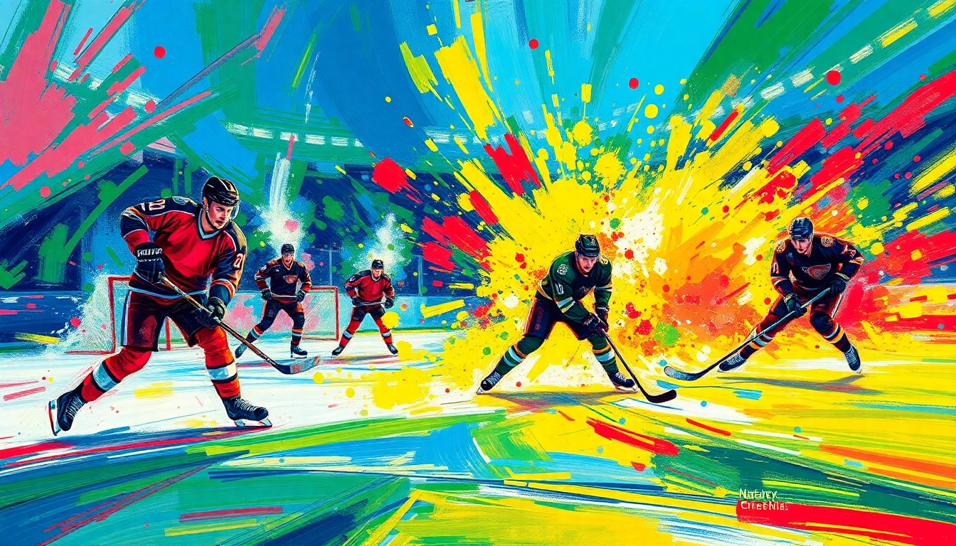 An abstract, expressionist painting in neon colors depicting the chaotic movement and energy of a hockey game, with players