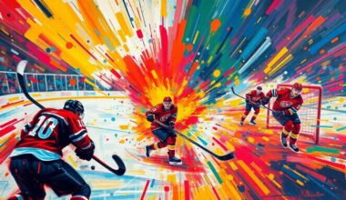 An abstract, expressionist painting in neon colors depicting the chaotic energy and movement of a hockey game, with players