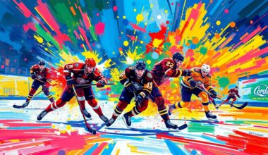 An abstract, energetic painting featuring bold, neon-colored brushstrokes that capture the dynamic movement and intensity of a hockey game, with players