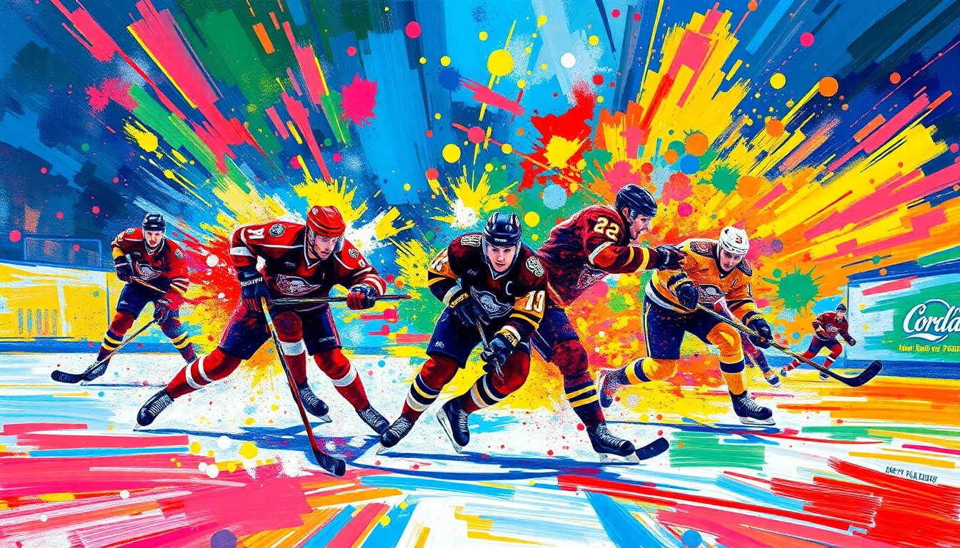 An abstract, energetic painting featuring bold, neon-colored brushstrokes that capture the dynamic movement and intensity of a hockey game, with players