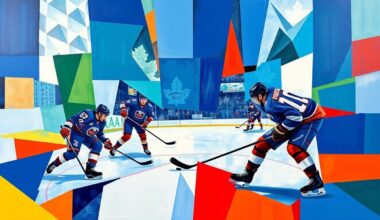 A fractured, geometric painting depicting a hockey game between the New York Islanders and Toronto Maple Leafs, with the players and puck represented as angular, overlapping shapes in a vibrant color palette, capturing the intensity and movement of the match.