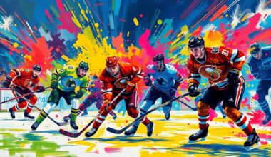 An abstract, energetic painting featuring dynamic brushstrokes and neon colors that capture the intensity and excitement of a professional hockey game.