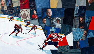 A cubist, fragmented painting depicting a hockey game between the Washington Capitals and Toronto Maple Leafs, with the players