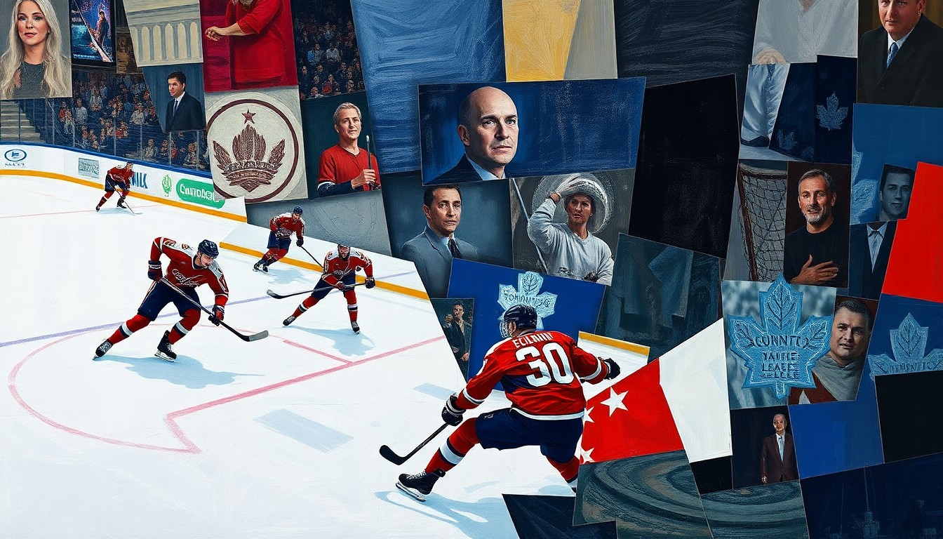 A cubist, fragmented painting depicting a hockey game between the Washington Capitals and Toronto Maple Leafs, with the players