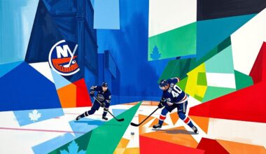 A fractured, multi-perspective painting depicting a hockey game, with the players and puck represented through sharp, overlapping geometric shapes in a vibrant color palette, creating a sense of motion and energy.