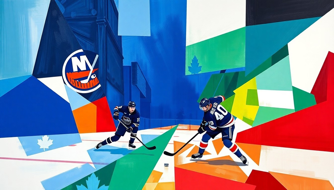 A fractured, multi-perspective painting depicting a hockey game, with the players and puck represented through sharp, overlapping geometric shapes in a vibrant color palette, creating a sense of motion and energy.