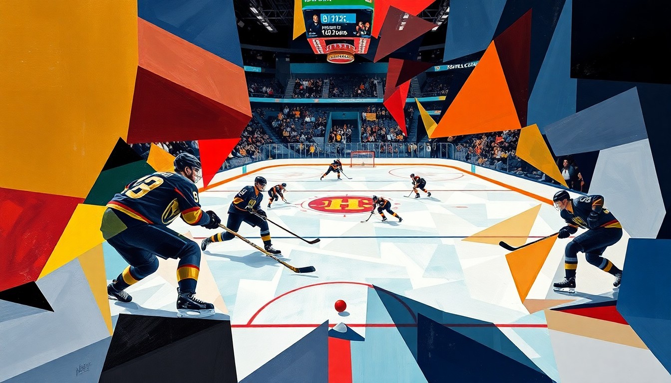 A fragmented, geometric painting depicting the action of a hockey game, with players and the puck represented as abstract shapes and forms against a colorful, angular backdrop, conveying the intensity and unpredictability of the game.