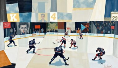 A cubist, geometric painting depicting fragmented hockey players and equipment, representing the multifaceted nature of the Devils