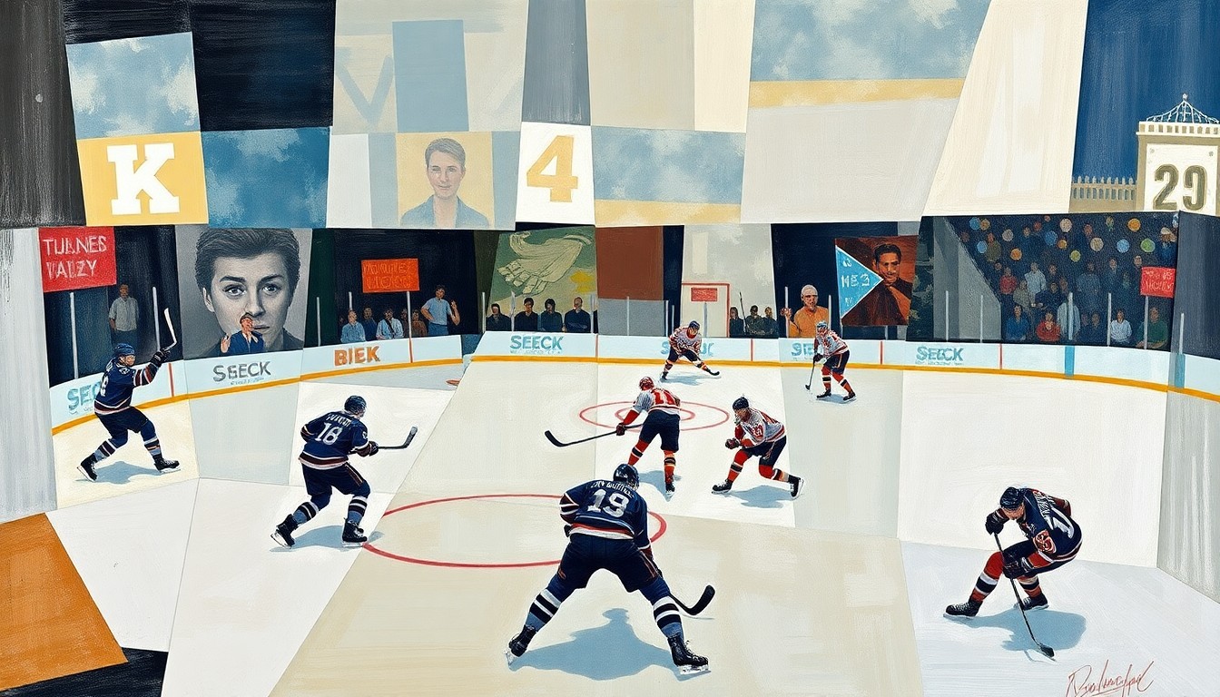 A cubist, geometric painting depicting fragmented hockey players and equipment, representing the multifaceted nature of the Devils
