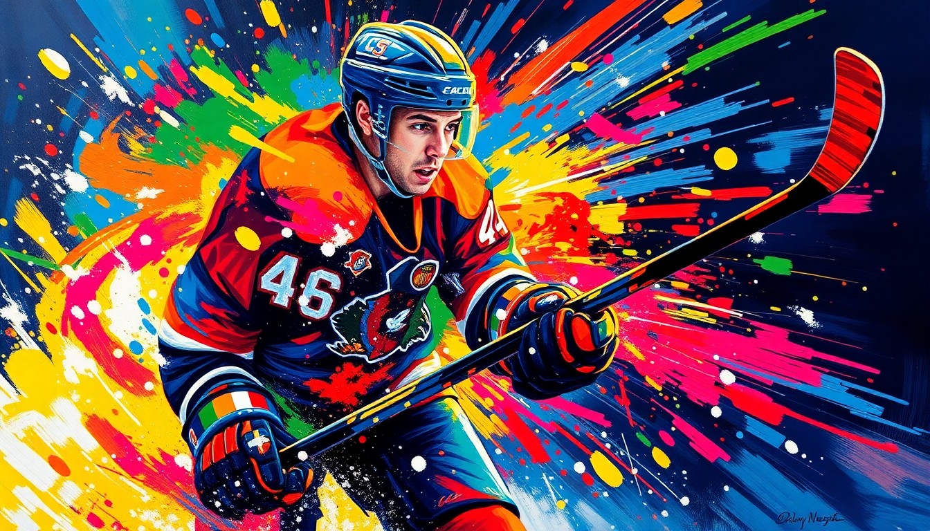 An abstract, expressionist painting using vibrant neon brushstrokes to capture the dynamic motion and energy of a hockey player scoring a goal, with the player