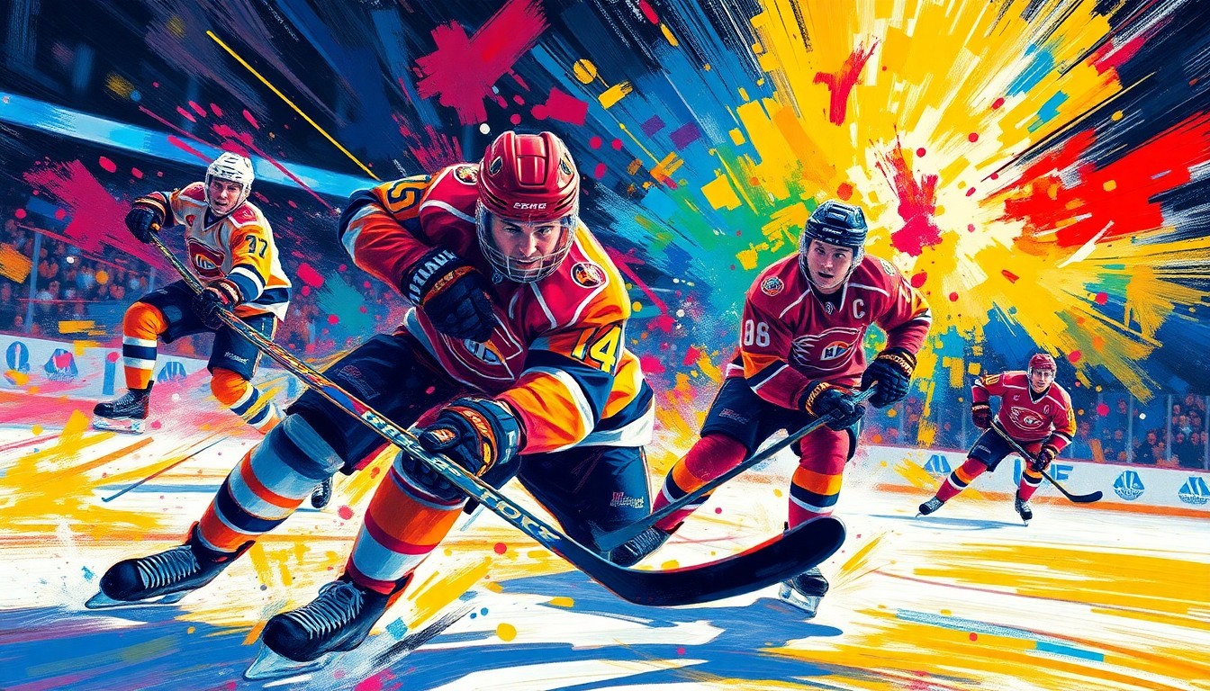 An abstract, expressionist painting in vibrant neon colors capturing the raw intensity and movement of a hockey game-winning goal, with the puck and players