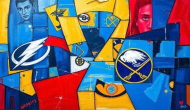 A cubist, geometric painting depicting a hockey game between the Tampa Bay Lightning and Buffalo Sabres, with sharp, overlapping planes of blue, red, and gold representing the intense competition between the two teams.