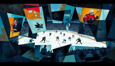 A cubist, geometric painting depicting a Sharks hockey game, with players and the ice surface broken down into sharp, overlapping planes of color and shape, conveying the team