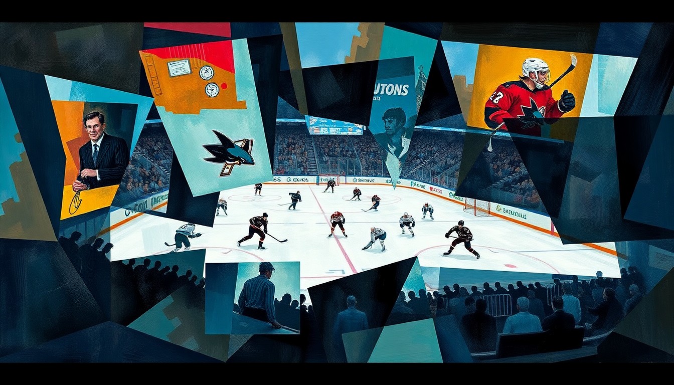 A cubist, geometric painting depicting a Sharks hockey game, with players and the ice surface broken down into sharp, overlapping planes of color and shape, conveying the team