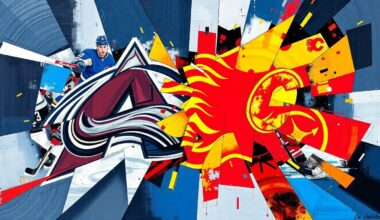 A fractured, cubist-style painting depicting a hockey game between the Colorado Avalanche and Calgary Flames, with sharp geometric shapes and planes of color representing the intensity and movement of the match.