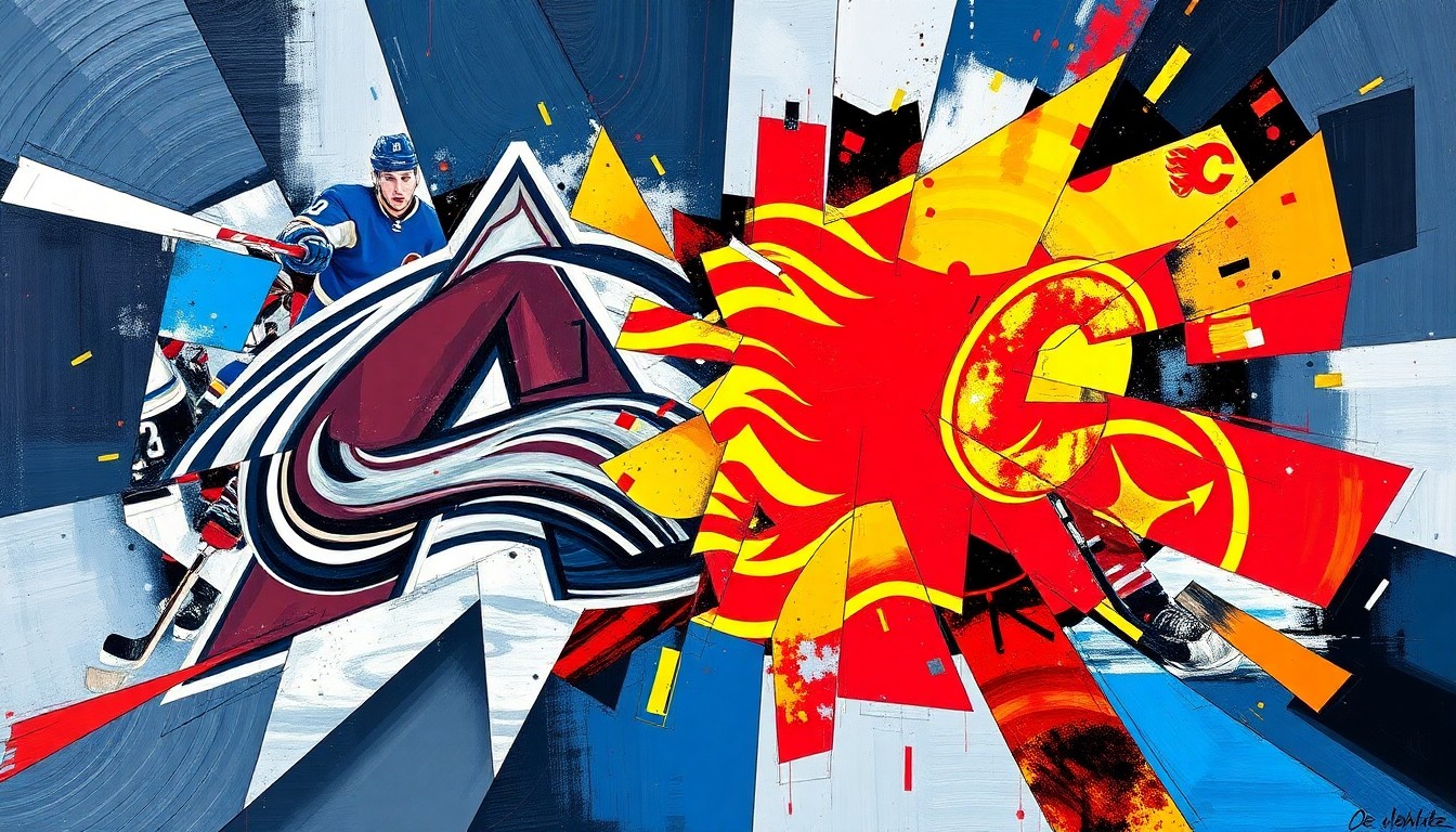 A fractured, cubist-style painting depicting a hockey game between the Colorado Avalanche and Calgary Flames, with sharp geometric shapes and planes of color representing the intensity and movement of the match.