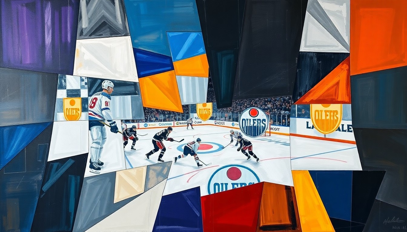 A fragmented, geometric painting depicting the action and intensity of a hockey game or match, with the players and the rink broken down into sharp, overlapping shapes and planes of color.