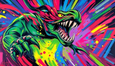 An abstract, expressionist painting in neon colors depicting the intense energy and action of a hockey game, with players