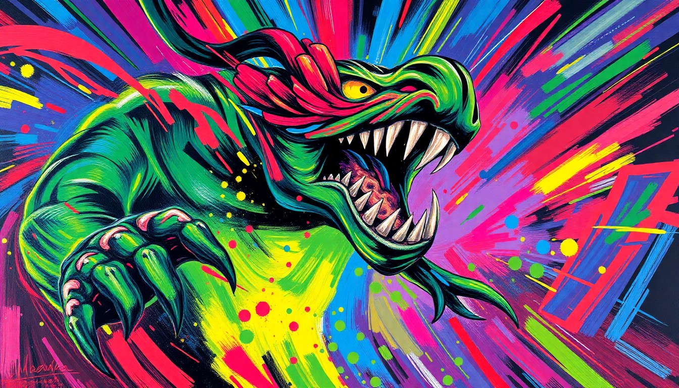 An abstract, expressionist painting in neon colors depicting the intense energy and action of a hockey game, with players