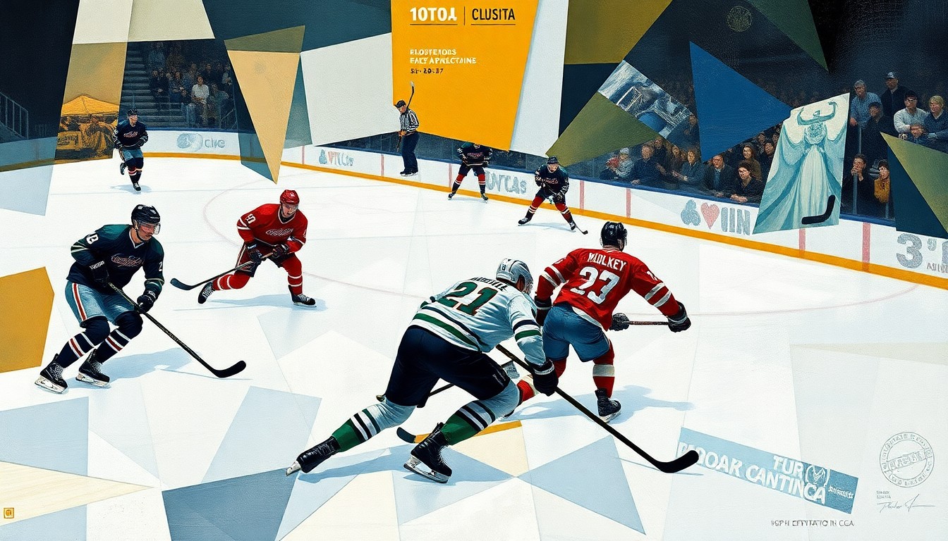A cubist, geometric painting depicting a hockey game, with the players