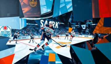 A fractured, multi-perspective painting depicting a hockey game between the Edmonton Oilers and San Jose Sharks. The painting uses sharp, overlapping geometric planes to capture the raw energy and intensity of the match, with Connor McDavid